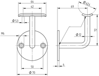 Tegning: Håndlisteholder til Trægelænder. 70x4 mm Vare nr. 100650 Materiale AISI304 