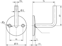 Tegning: woodline Håndlisteholder til Trægelænder. 70x5 mm, slebet overflade. Vare nr. E02243 Materiale AISI304