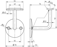 Tegning: woodline Håndlisteholder til Trægelænder. Med rund flange Ø 70x5 mm, slebet, vinkel 75x75 mm, Ø 12 mm tykkelse 