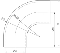 Tegning: 90° Rund Bøjning. Rørbuk 90° til Ø 45 mm trærundstok, korn 240 slebet til Trægelænder. Vare nr. E600 Materiale AISI316