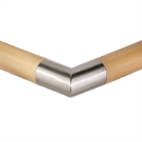 Monteret eksempel Rustfri Rør-Fitting 45° Skarp Bøjning. Rørbuk 45° til til trægelænder, vægtykkelse 3 mm til Crosinox Woodline Trægelænder. Vare nr. E6010 Materiale AISI316 