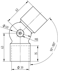 Tegning: Rustfri Rør-Fitting Fleksibel forbinder Ø 45 mm, slebet overflade til Crosinox Woodline Trægelænder. Vare nr. E6070 Materiale AISI316  