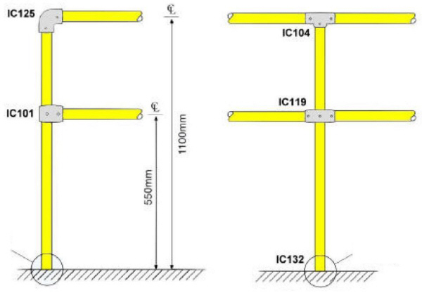 Samlet rkvrk, af stlrr uden gevind, samlet med Inter-clamp. Standard gelnder, rkvrk hndliste dim. = C42 - D48. Standard gelnder, rkvrk hndliste hjde = 1100 mm Standard gelnder, rkvrk knliste hjde, til center = 550 mm Forskel p gelnder / rkvrk: Rkvrk = Vandret vrn, sikring. Gelnder = Skrt,... har hldning i x antal grader.